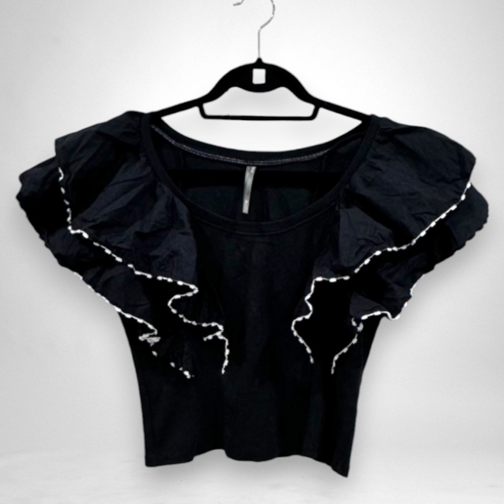 By Anthropologie Mixed Media Top with Ruffle Sleeves